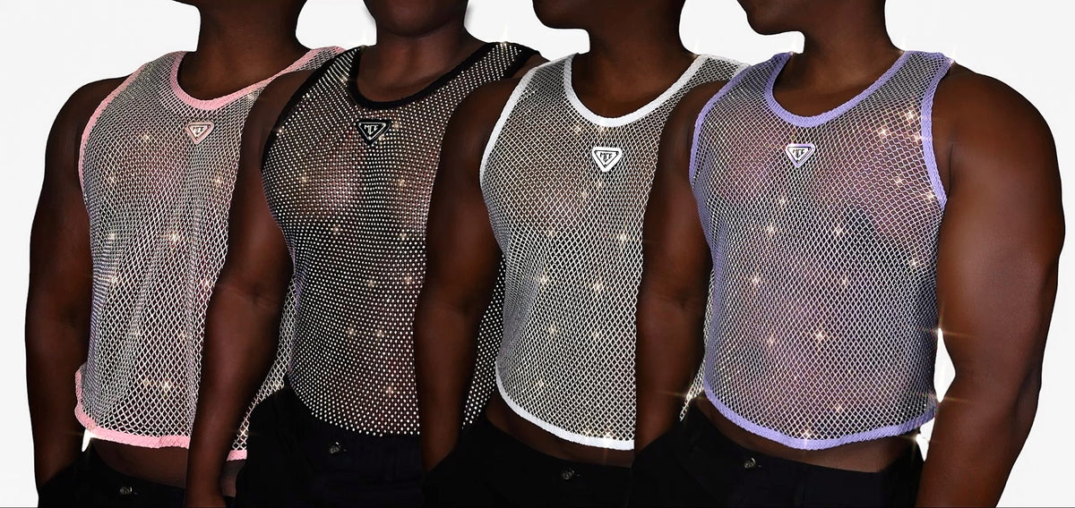 Premium Large Rhinestone Mesh Long Sleeves Crop Top crew Neck Premium A/B  Rainbow Crystal, Sexy Sleeveless Top for Men /women 