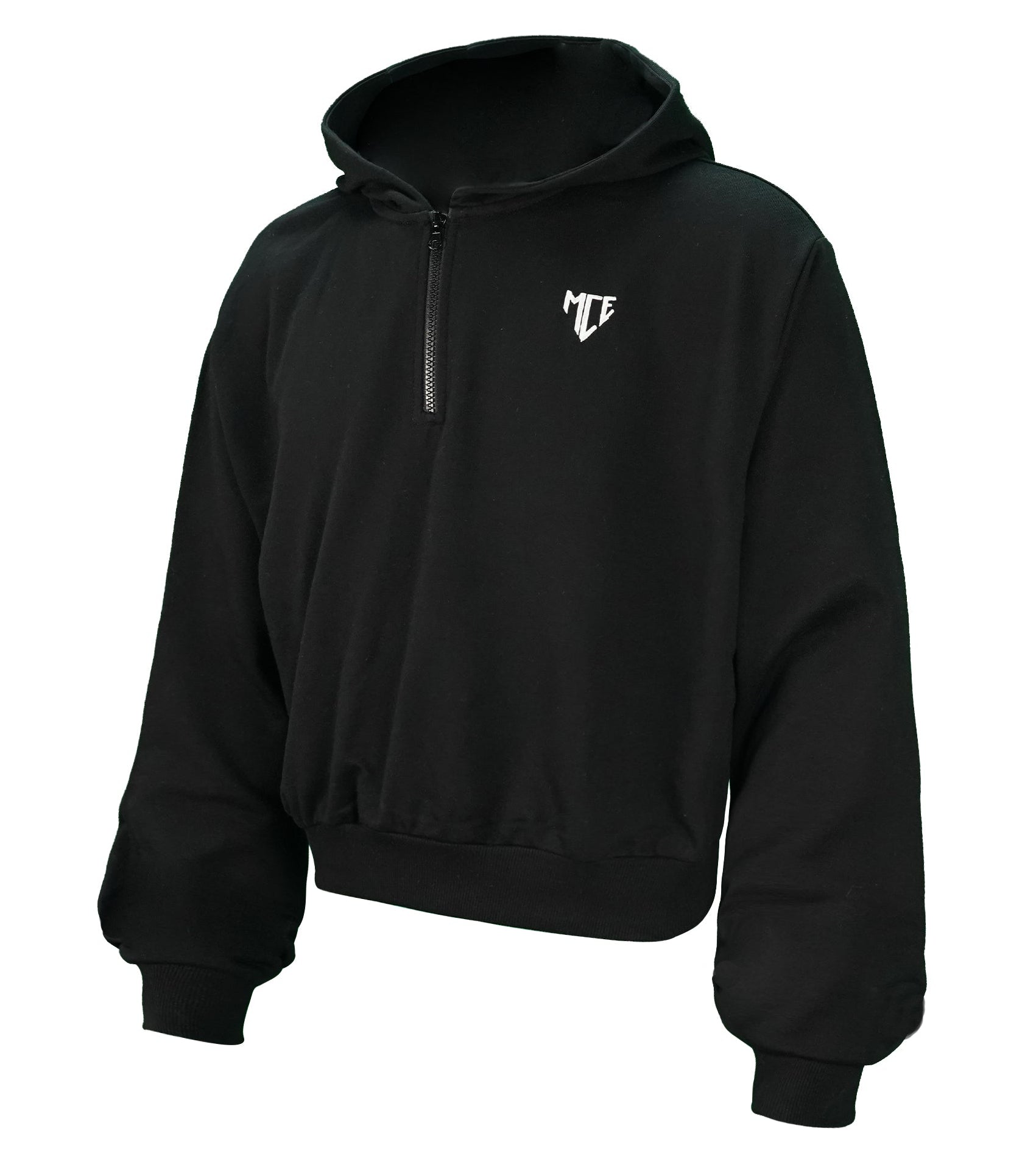 Black hoodie with a logo on the chest against a white background