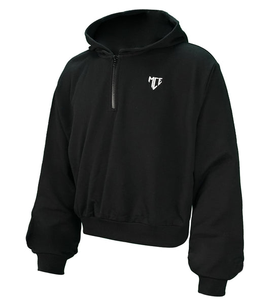 Black hoodie with a logo on the chest against a white background