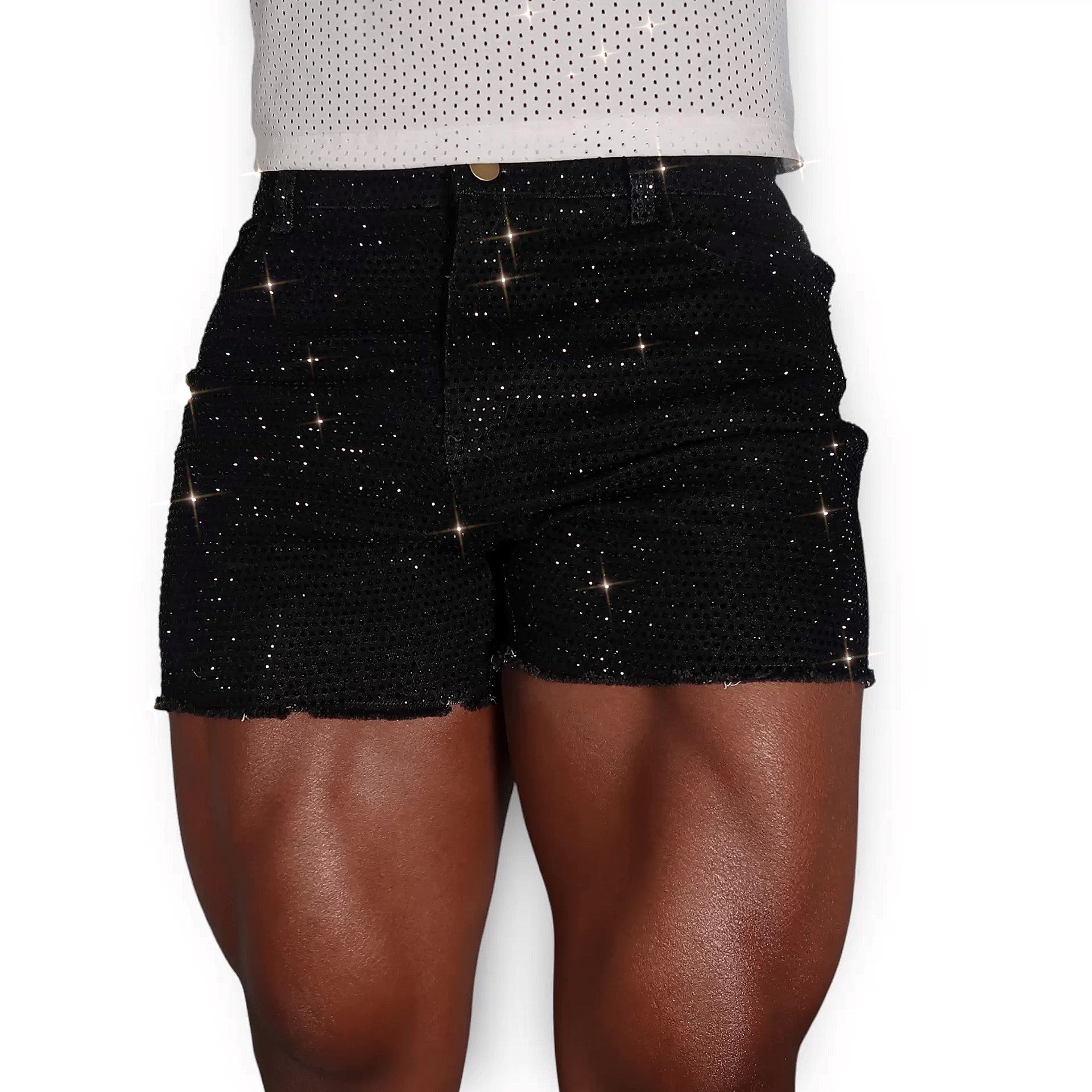black rhinestone stretch denim MCE shorts