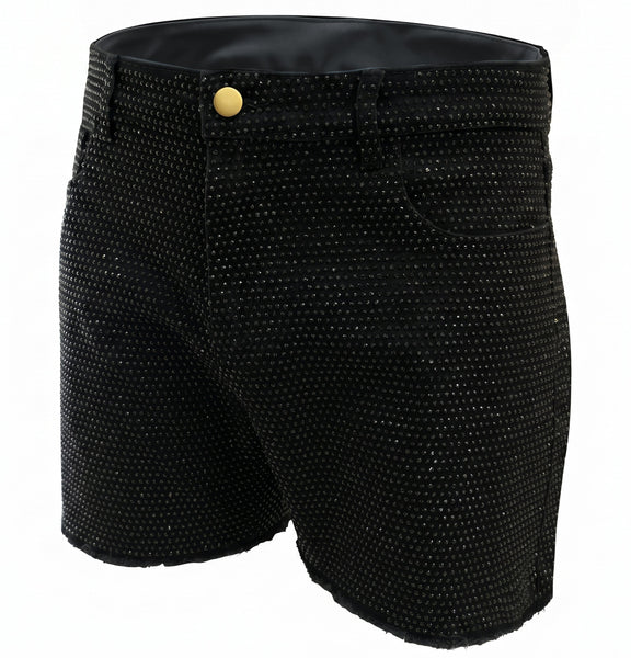 black rhinestone stretch denim MCE shorts - MCE Creations