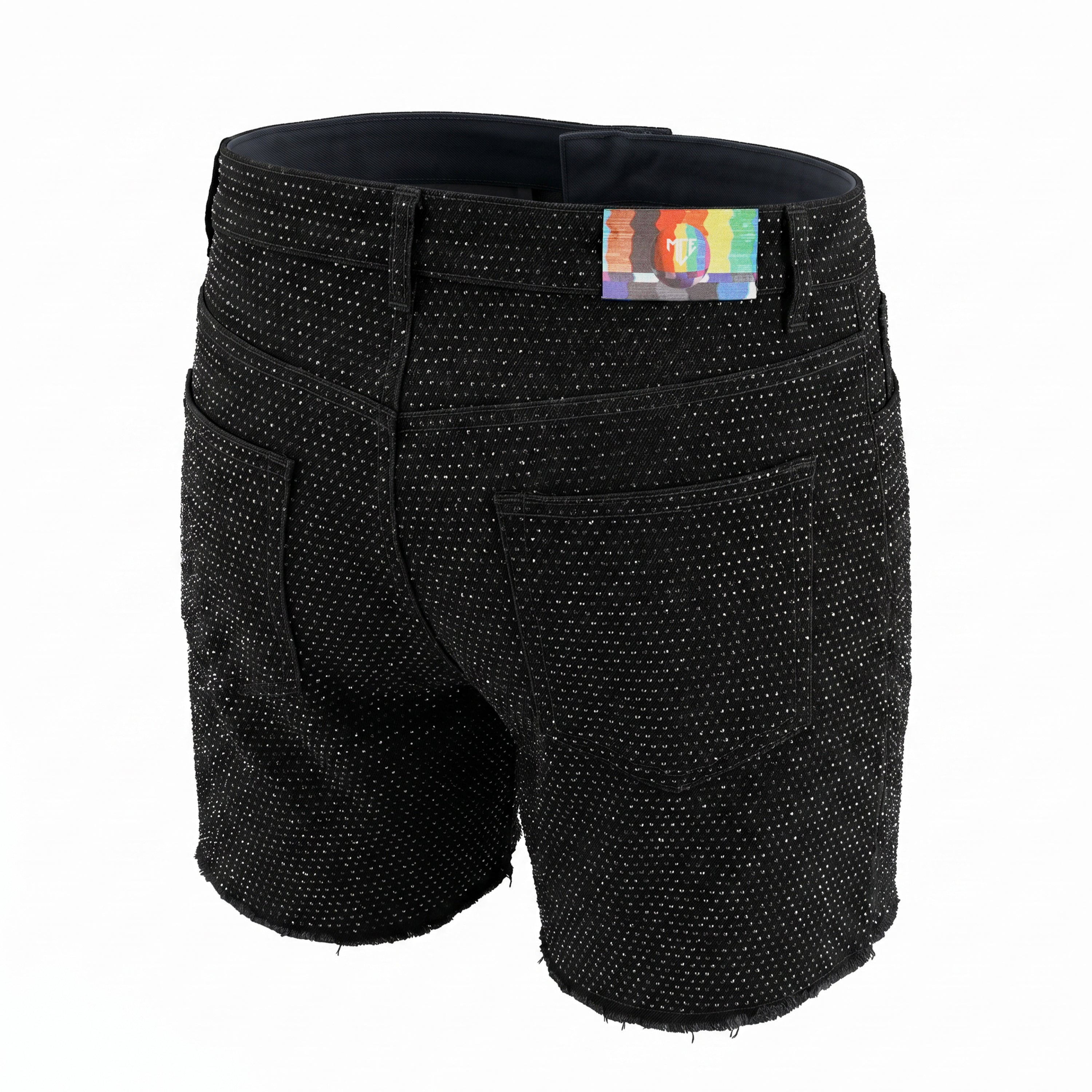 black rhinestone stretch denim MCE shorts