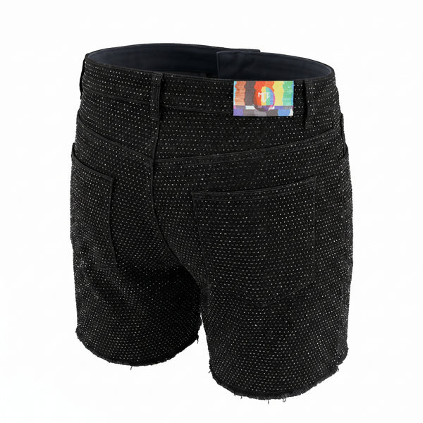 black rhinestone stretch denim MCE shorts - MCE Creations