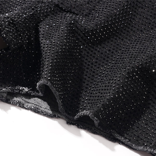 black rhinestone stretch denim MCE shorts - MCE Creations