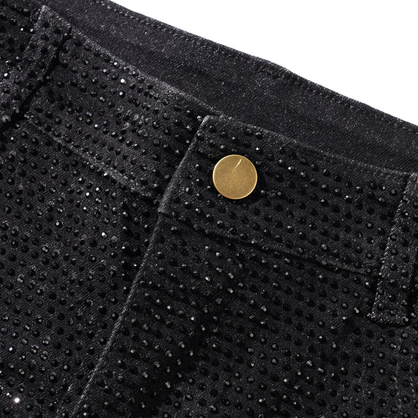 black rhinestone stretch denim MCE shorts - MCE Creations
