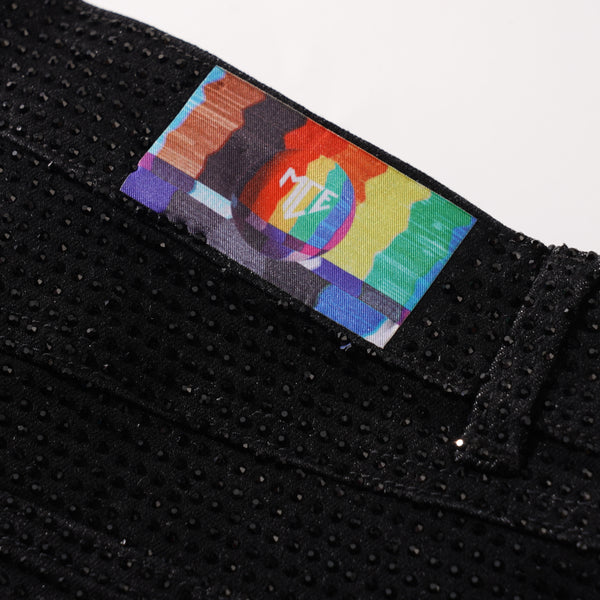 black rhinestone stretch denim MCE shorts - MCE Creations