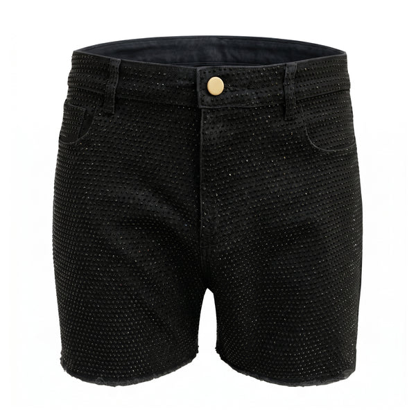 black rhinestone stretch denim MCE shorts - MCE Creations