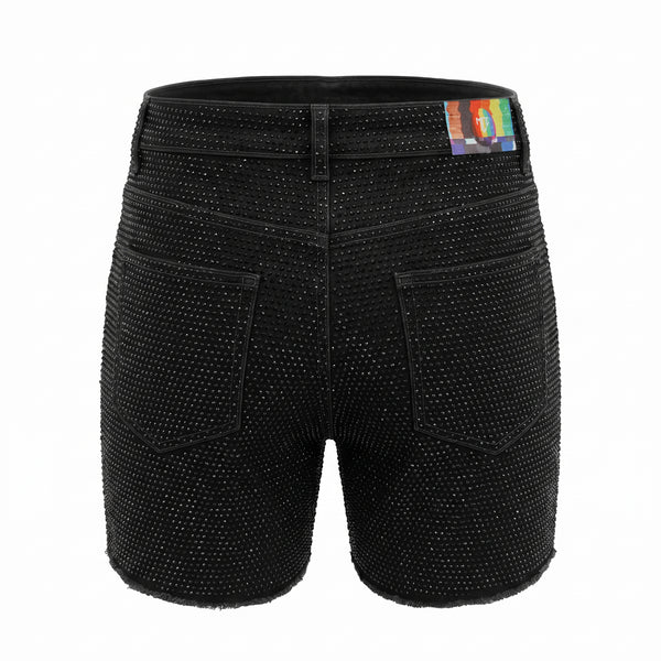black rhinestone stretch denim MCE shorts - MCE Creations