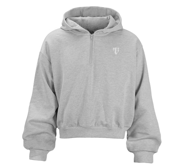 Gray hoodie with a small embroidered MCE logo on a white background